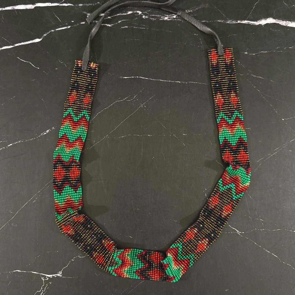 Hand Beaded Seed Bead Arrowhead Pattern Headband 22in Long with Leather Ties